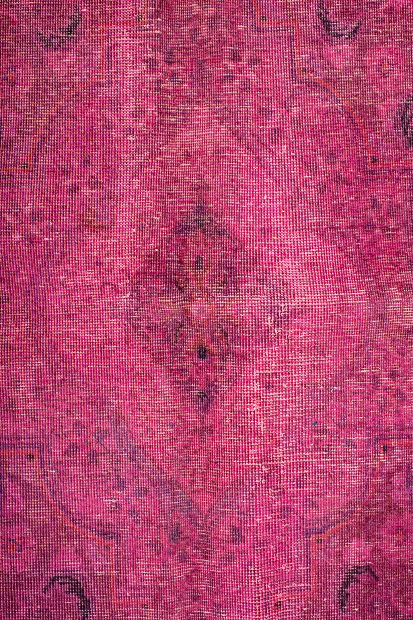 9' x 13' one-of-a-kind handmade vintage Overdyed large size rug. Color palette: pink, fuchsia, rose, magenta, plum, mauve