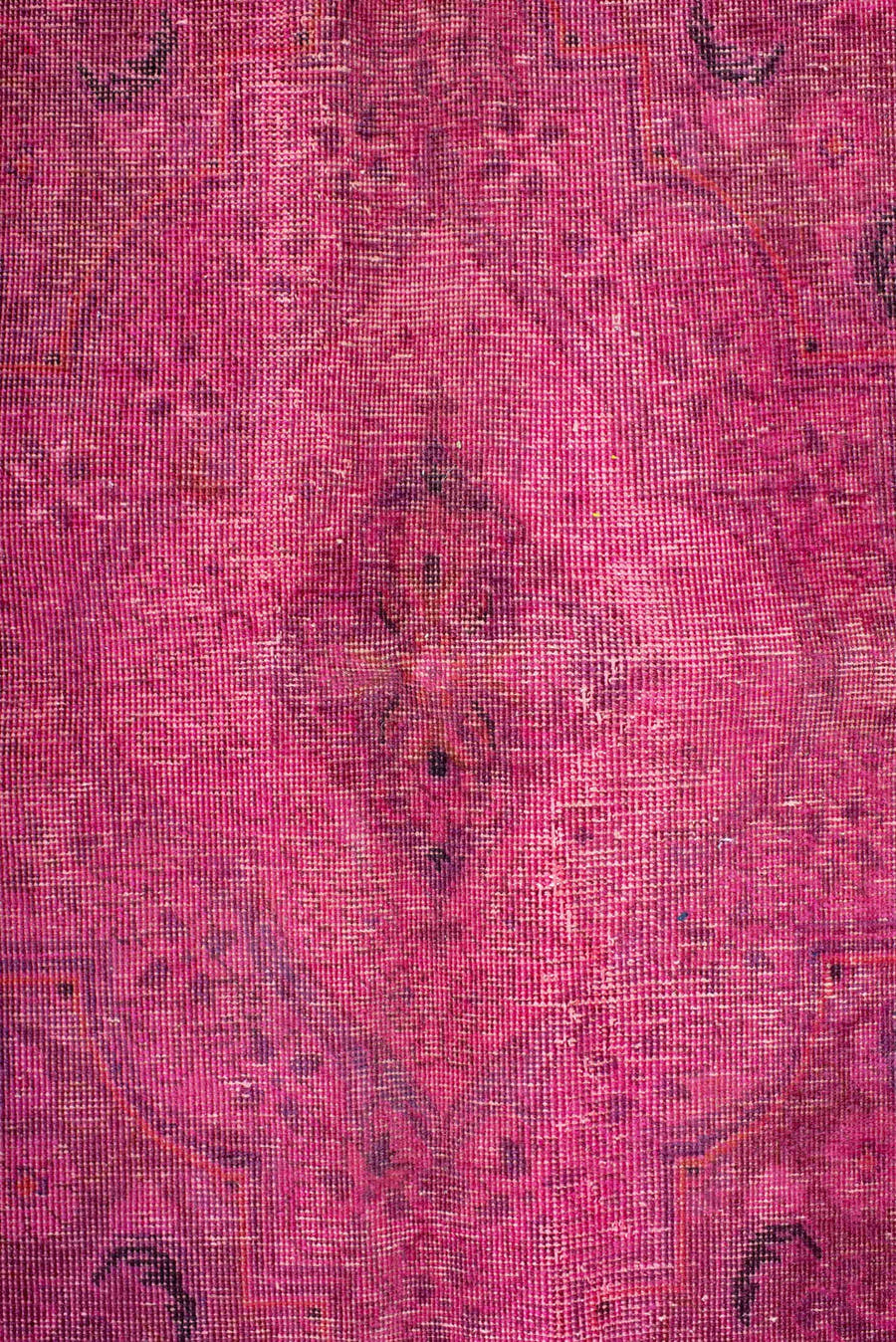9' x 13' one-of-a-kind handmade vintage Overdyed large size rug. Color palette: pink, fuchsia, rose, magenta, plum, mauve