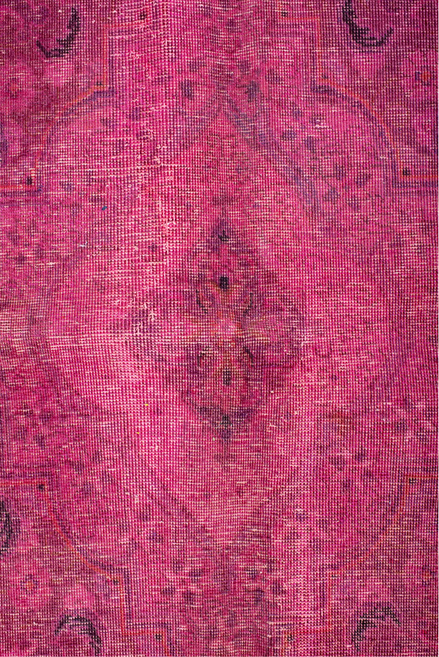 9' x 13' one-of-a-kind handmade vintage Overdyed large size rug. Color palette: brown, pale violet red, pink, red