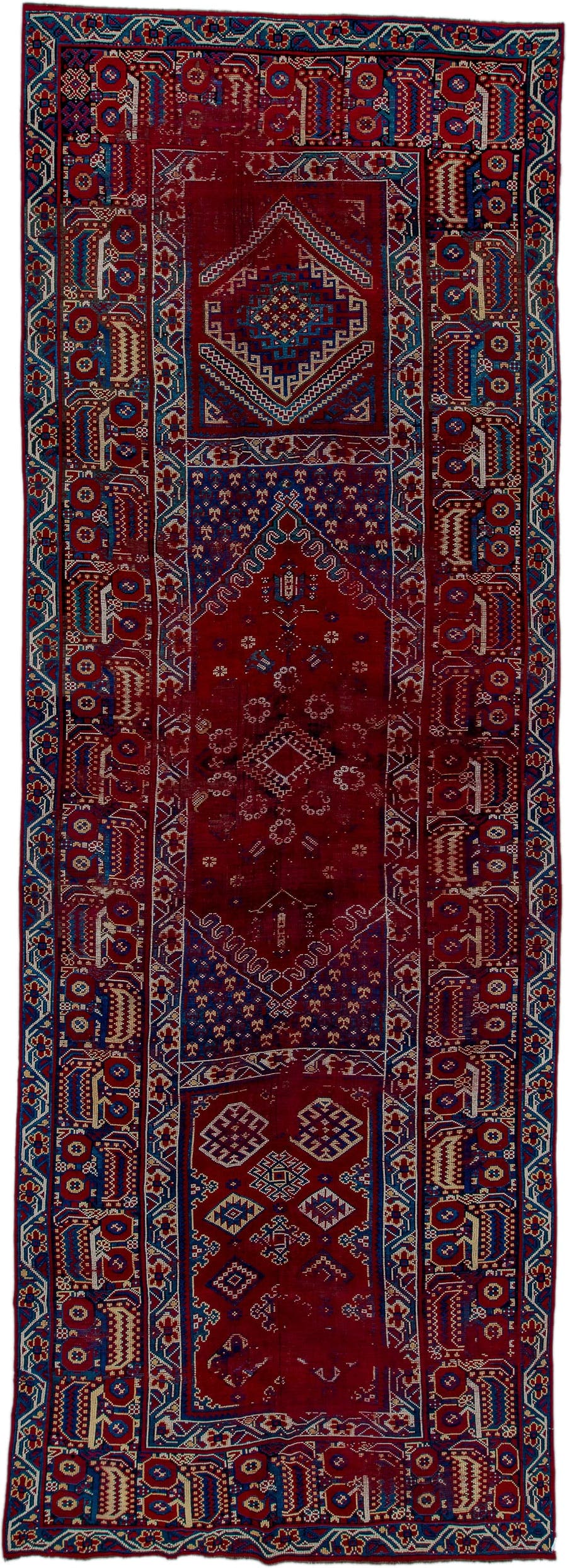 6' x 18' one-of-a-kind handmade antique Moroccan rug. Color palette: crimson, indigo, ivory, navy, rust, saffron, camel, red