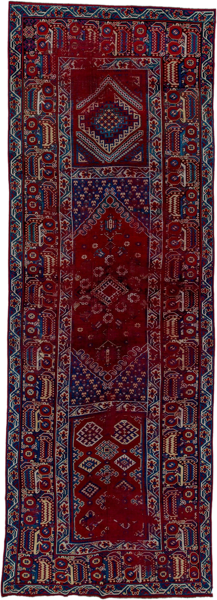 6' x 18' one-of-a-kind handmade antique Moroccan rug. Color palette: crimson, indigo, ivory, navy, rust, saffron, camel, red