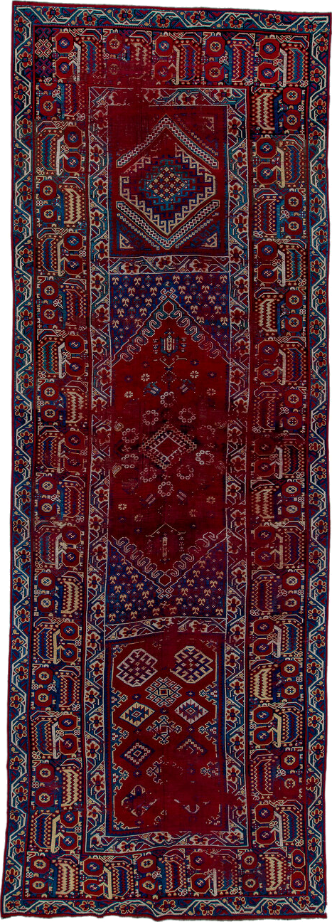 6' x 18' one-of-a-kind handmade vintage Moroccan rug. Color palette: blue, brown, gray, green, light gray, off-white, pink