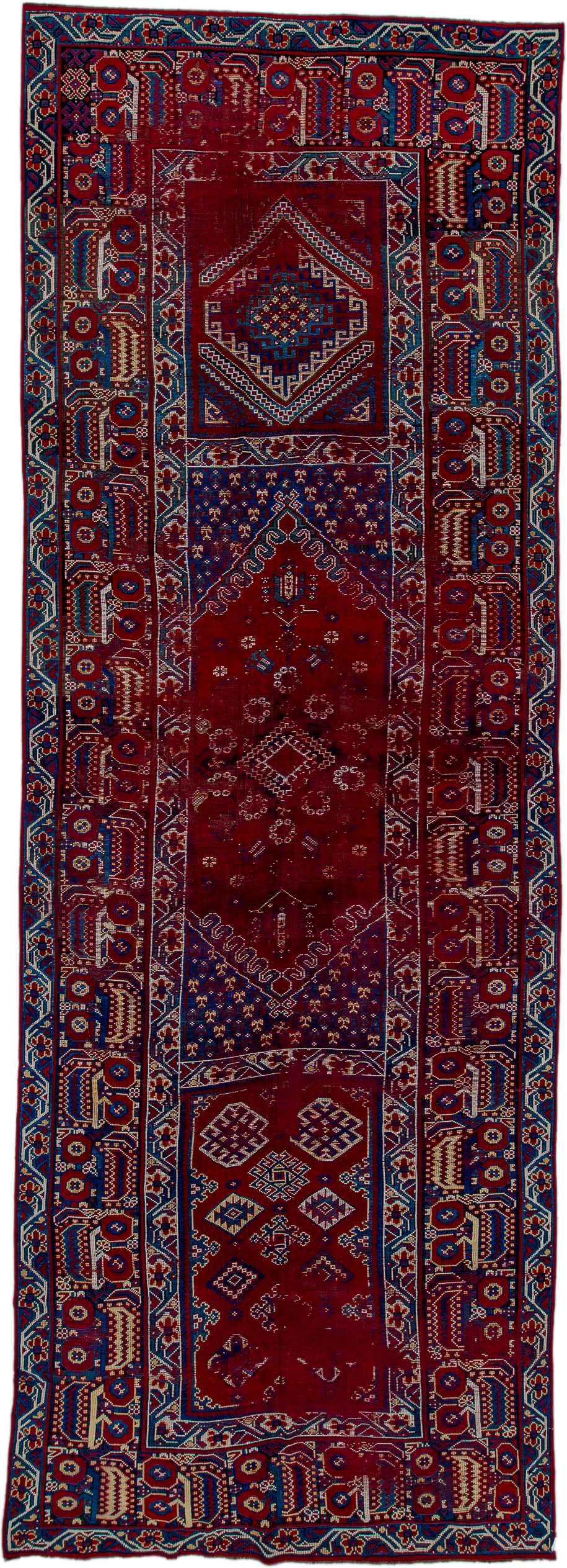6' x 18' one-of-a-kind handmade antique Moroccan rug. Color palette: crimson, indigo, ivory, navy, rust, saffron, camel, red