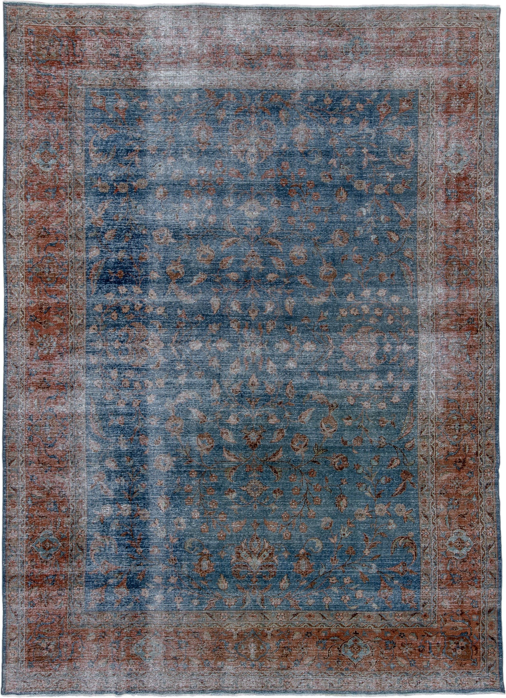8' x 12' one-of-a-kind handmade antique Laristan large size rug. Color palette: blue, rust, ivory, taupe, slate, terra cotta