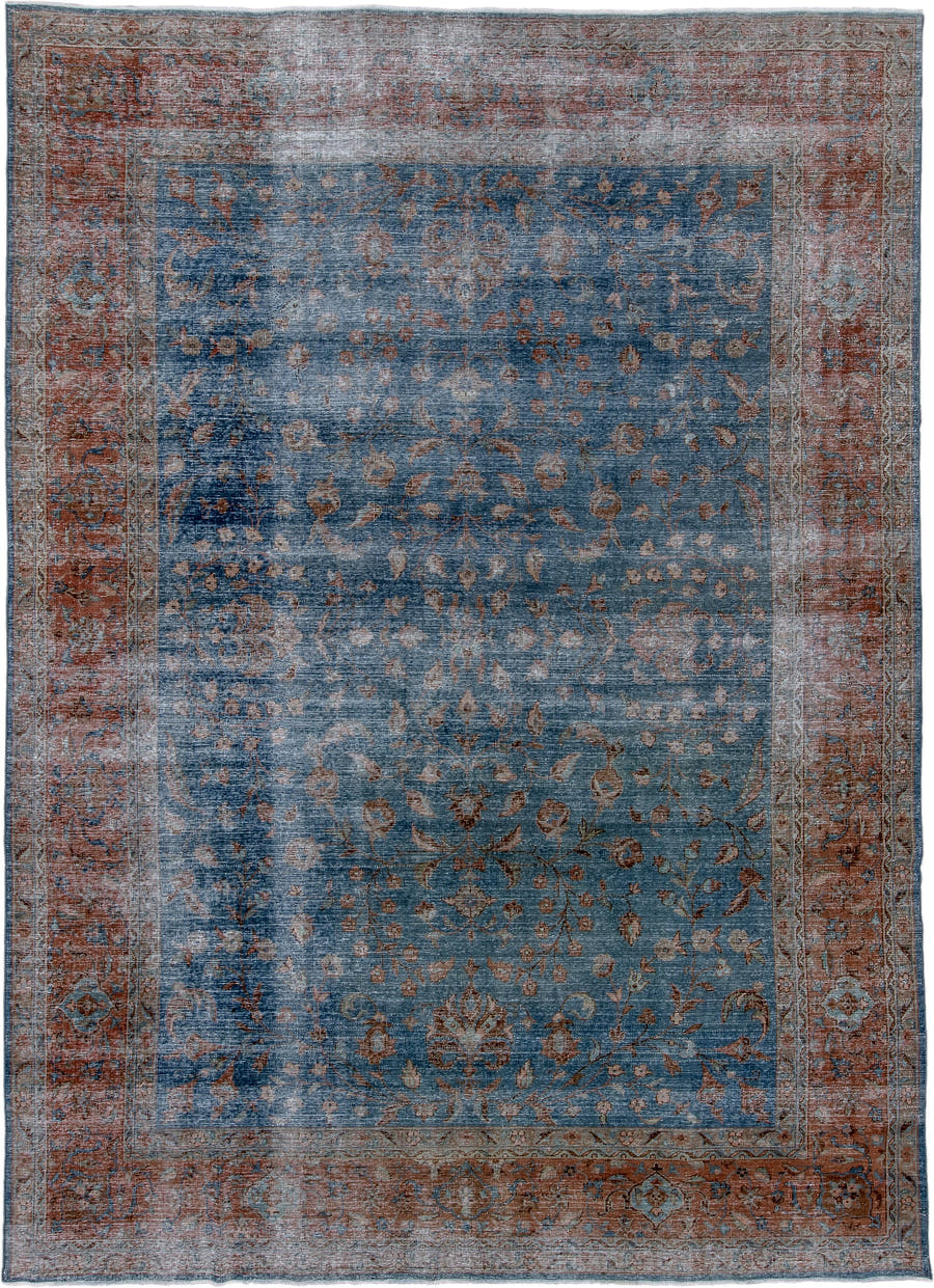 8' x 12' one-of-a-kind handmade antique Laristan large size rug. Color palette: blue, rust, ivory, taupe, slate, terra cotta
