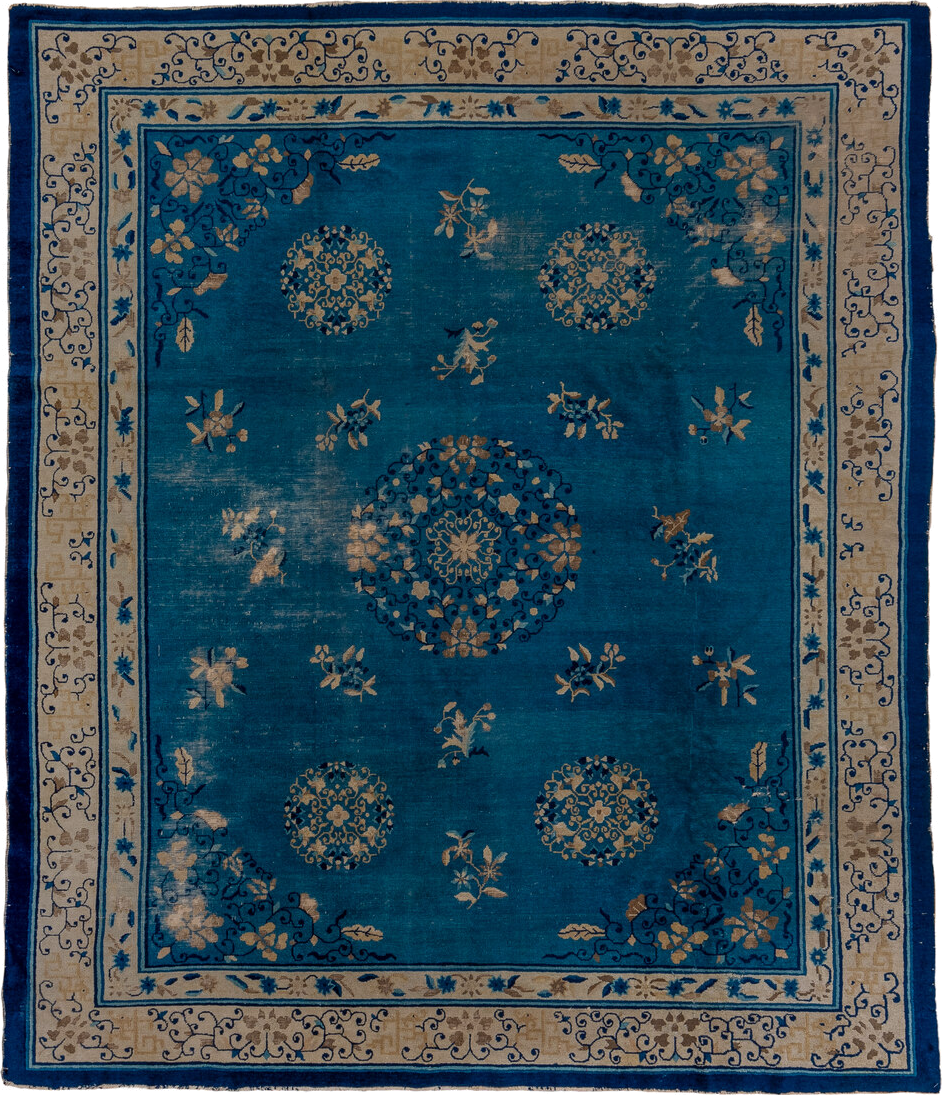 8' x 9' one-of-a-kind handmade vintage Chinese rug. Color palette: blue, ivory, navy, beige, teal, camel