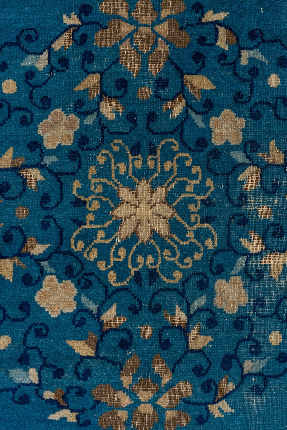 8' x 9' one-of-a-kind handmade vintage Chinese rug. Color palette: blue, ivory, navy, beige, teal, camel