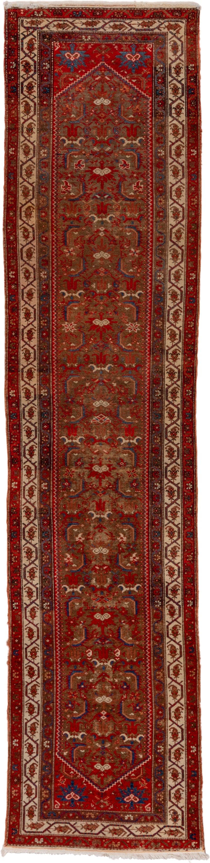 3' x 13' one-of-a-kind handmade vintage Malayer runner rug. Color palette: rust, camel, ivory, navy, crimson, brown, slate