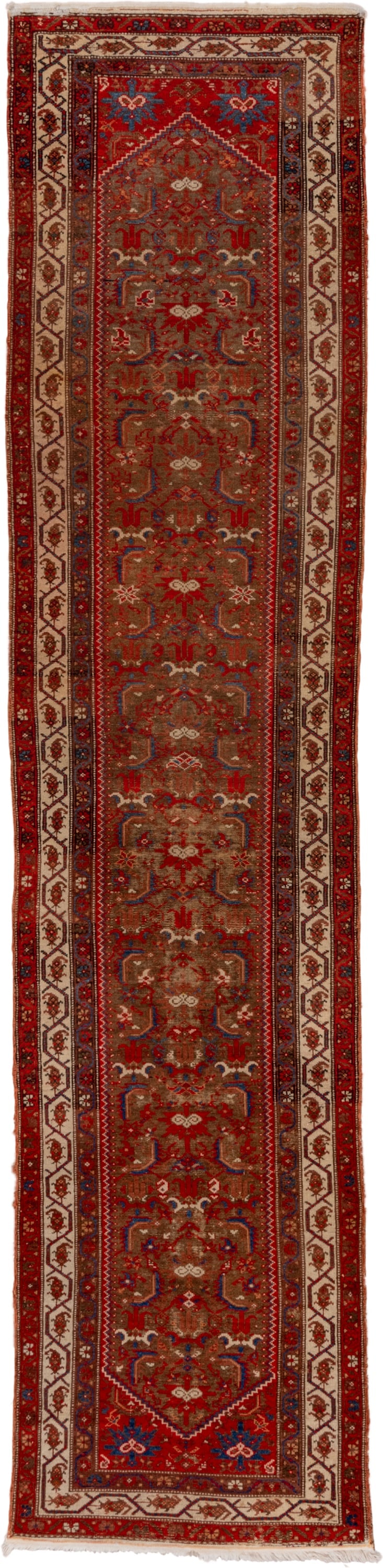 3' x 13' one-of-a-kind handmade vintage Malayer runner rug. Color palette: rust, camel, ivory, navy, crimson, brown, slate