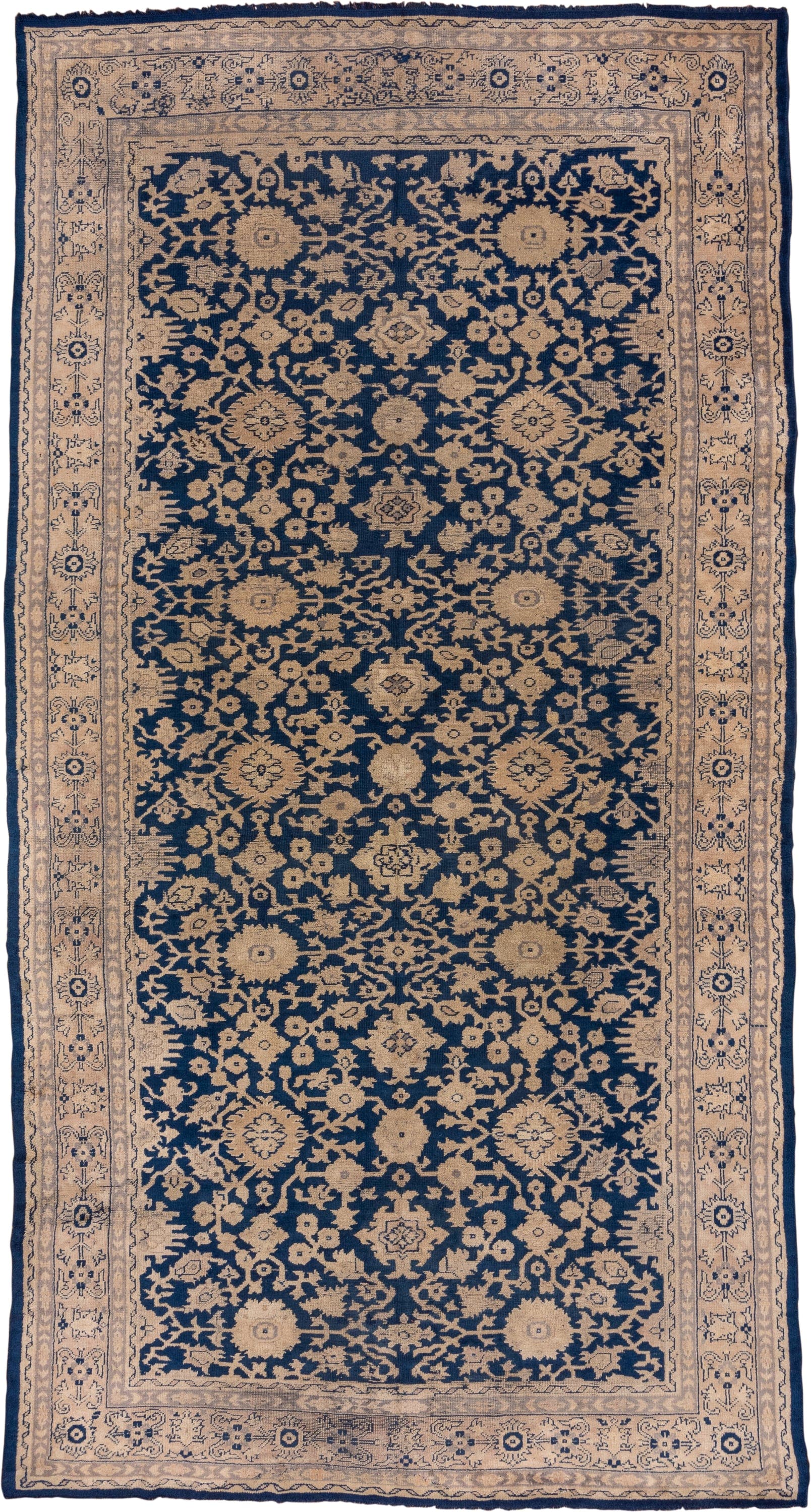 9' x 17' one-of-a-kind handmade antique Oushak rug. Color palette: navy, ivory, beige, taupe, blue, gray