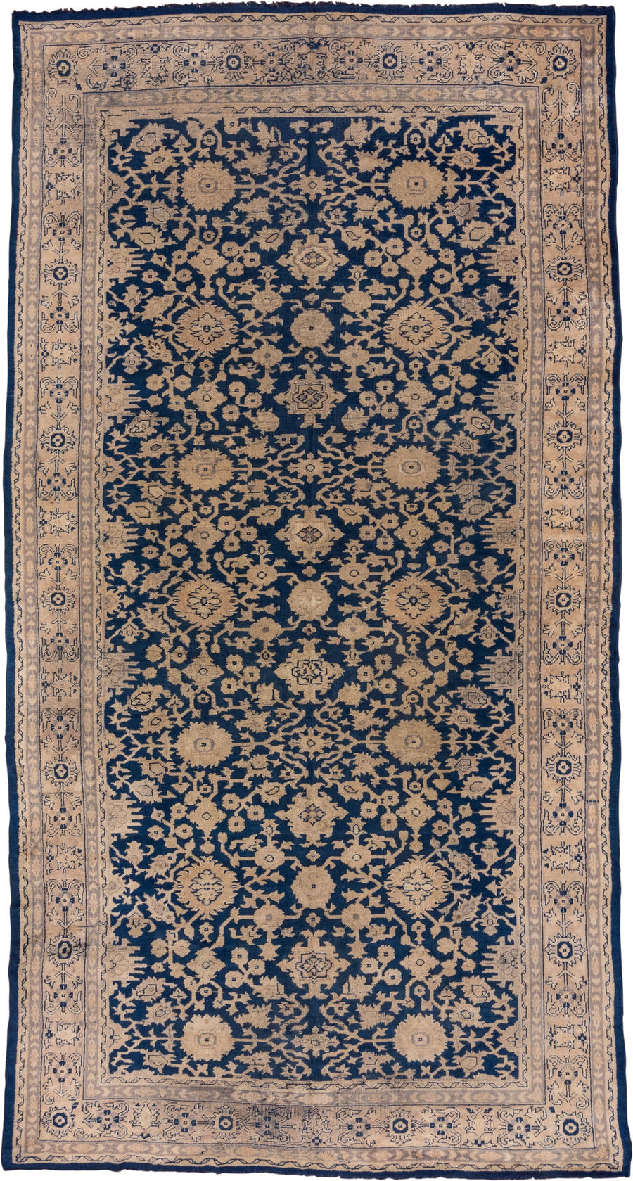 9' x 17' one-of-a-kind handmade antique Oushak rug. Color palette: navy, ivory, beige, taupe, blue, gray