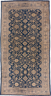 9' x 17' one-of-a-kind handmade antique Oushak rug. Color palette: navy, ivory, beige, taupe, blue, gray