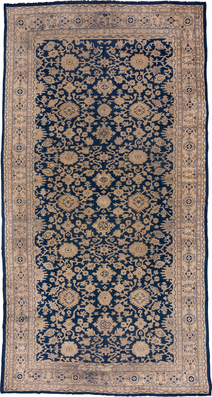 9' x 17' one-of-a-kind handmade antique Oushak rug. Color palette: navy, ivory, beige, taupe, blue, gray