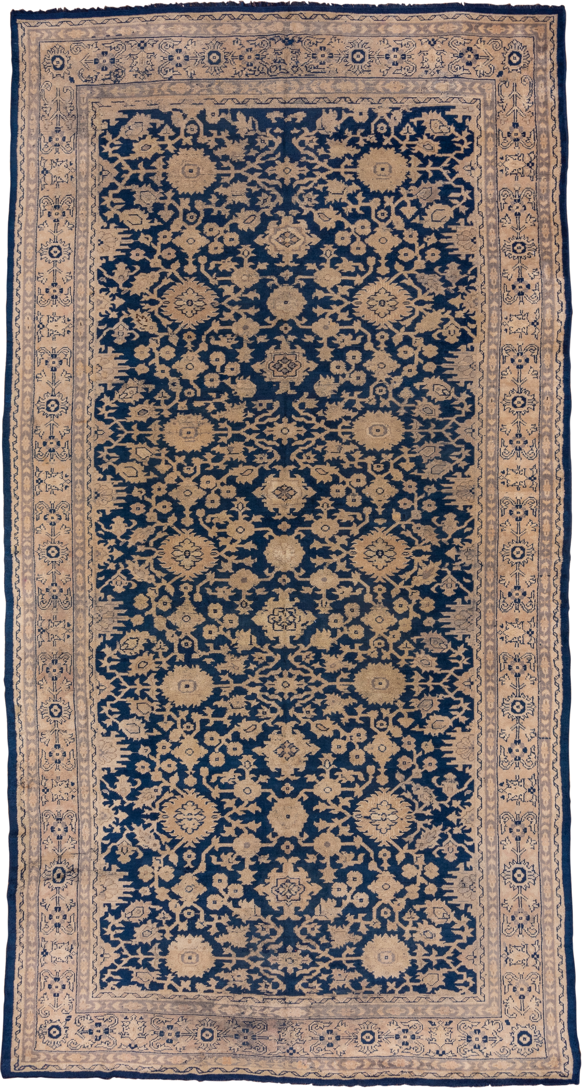9' x 17' one-of-a-kind handmade antique Oushak rug. Color palette: navy, ivory, beige, taupe, blue, gray
