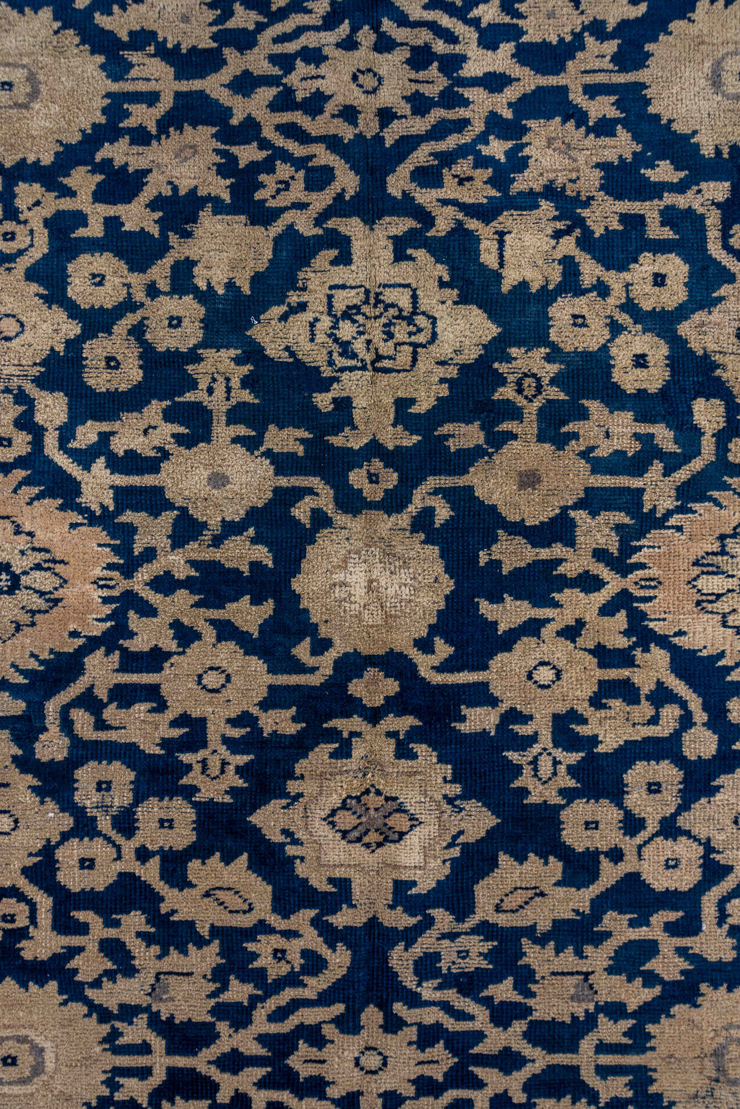 9' x 17' one-of-a-kind handmade antique Oushak rug. Color palette: navy, ivory, beige, taupe, blue, gray
