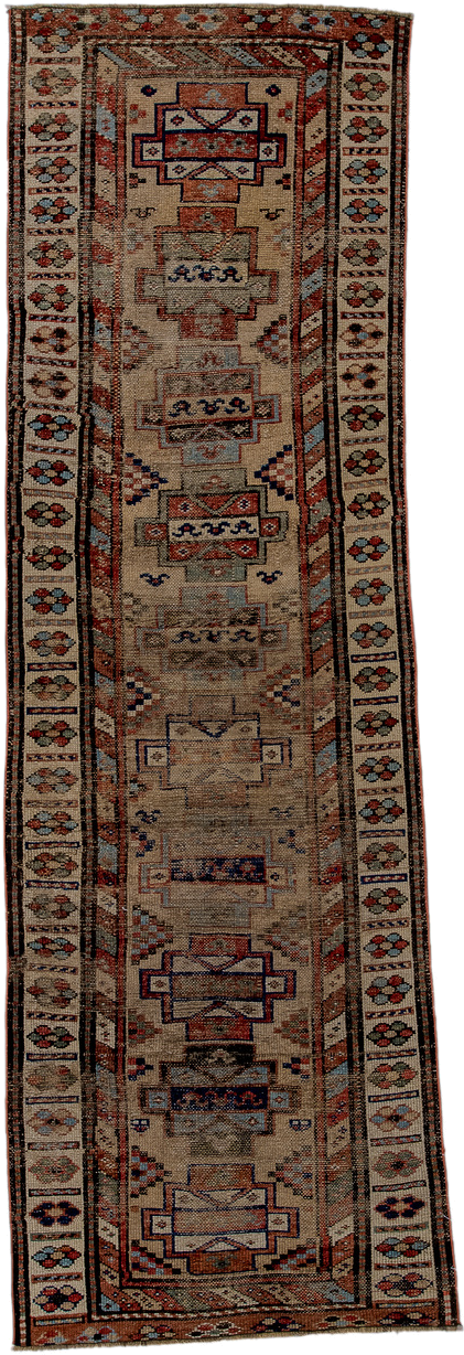 2' x 8' one-of-a-kind handmade antique NW Persian runner rug. Color palette: ivory, rust, indigo, camel, taupe, charcoal