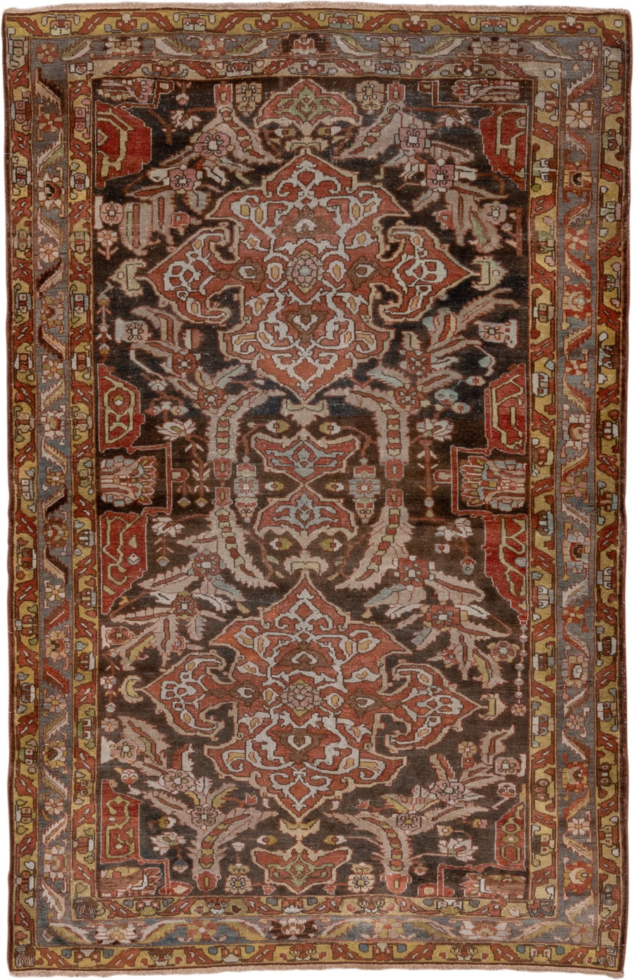 4' x 6' one-of-a-kind handmade antique Baktiary small size rug. Color palette: brown, rust, ivory, slate, camel, terra cotta