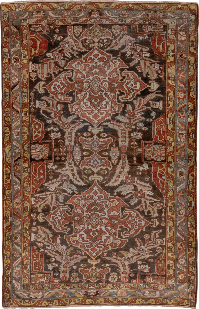 4' x 6' one-of-a-kind handmade vintage Baktiary small size rug. Color palette: brown, gray