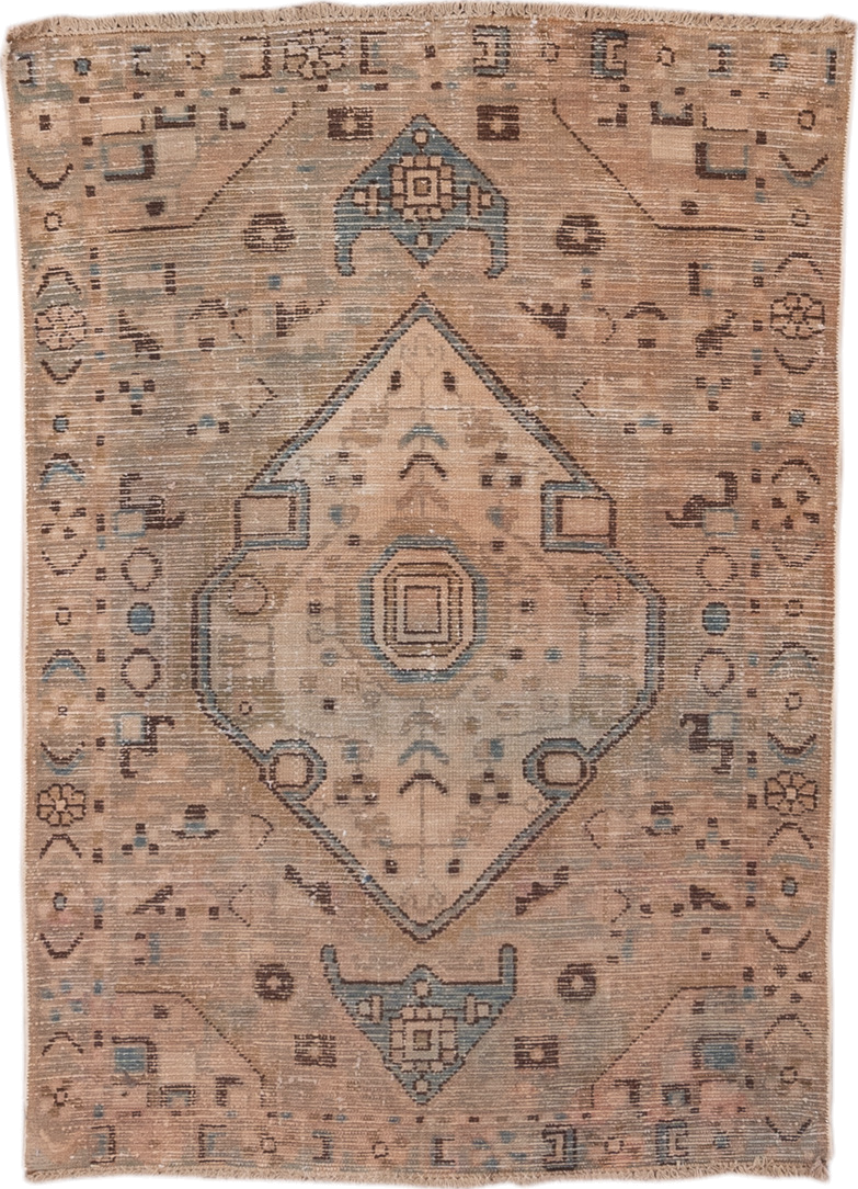 3' x 4' one-of-a-kind handmade antique Hamadan small size rug. Color palette: taupe, camel, ivory, slate, charcoal