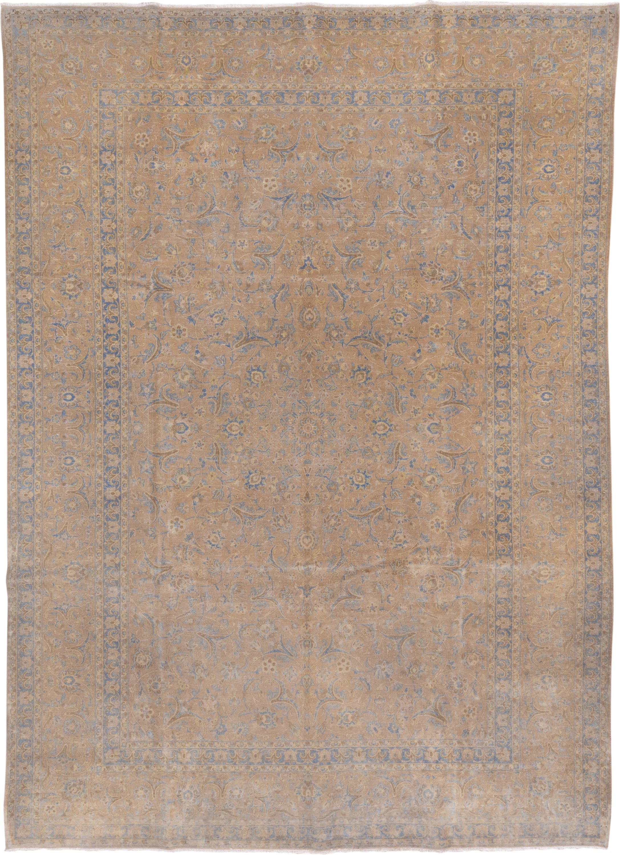 9' x 12' one-of-a-kind handmade antique Kashan large size rug. Color palette: beige, pale blue, ivory, taupe, camel