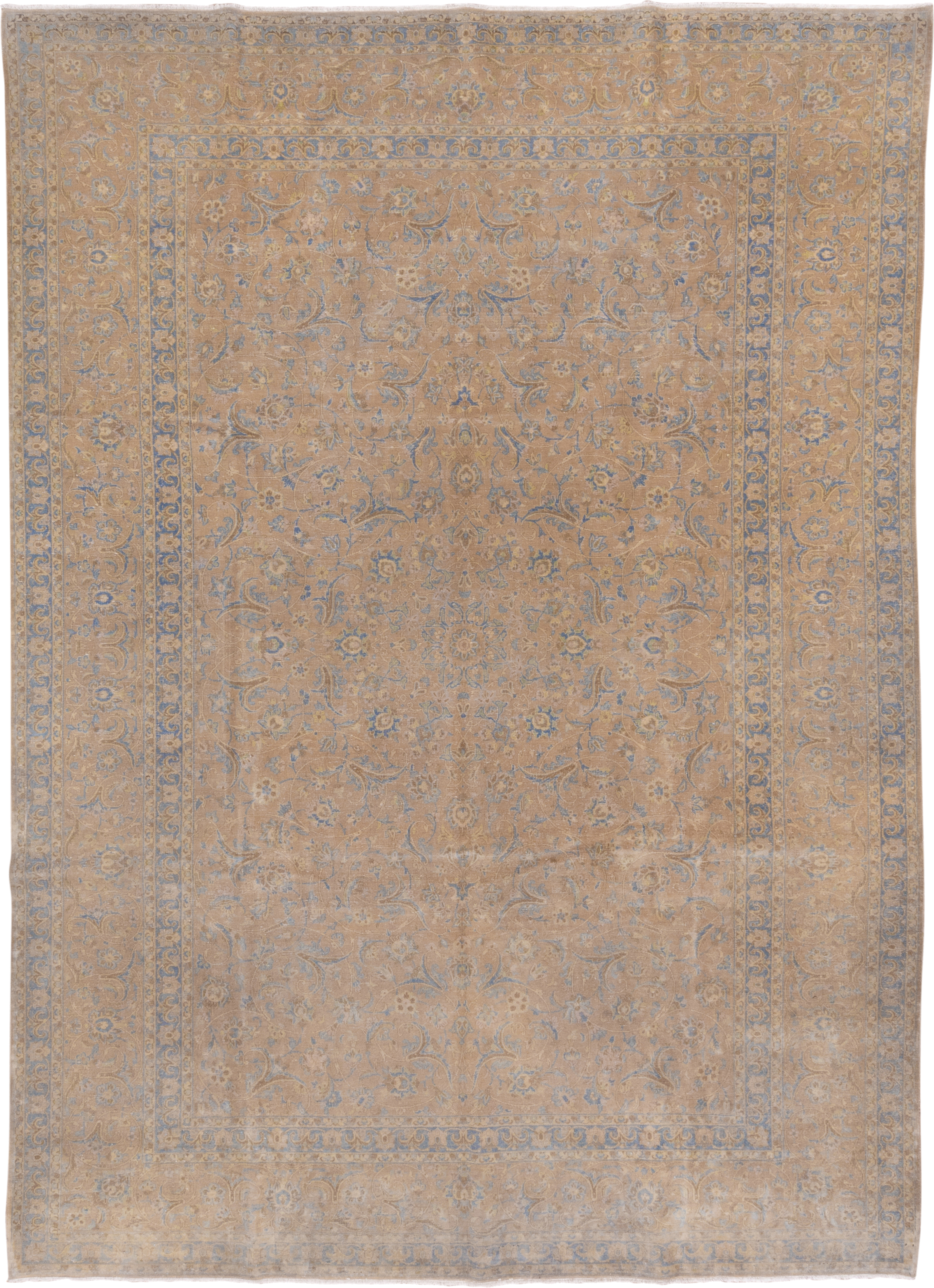 9' x 12' one-of-a-kind handmade antique Kashan large size rug. Color palette: beige, pale blue, ivory, taupe, camel