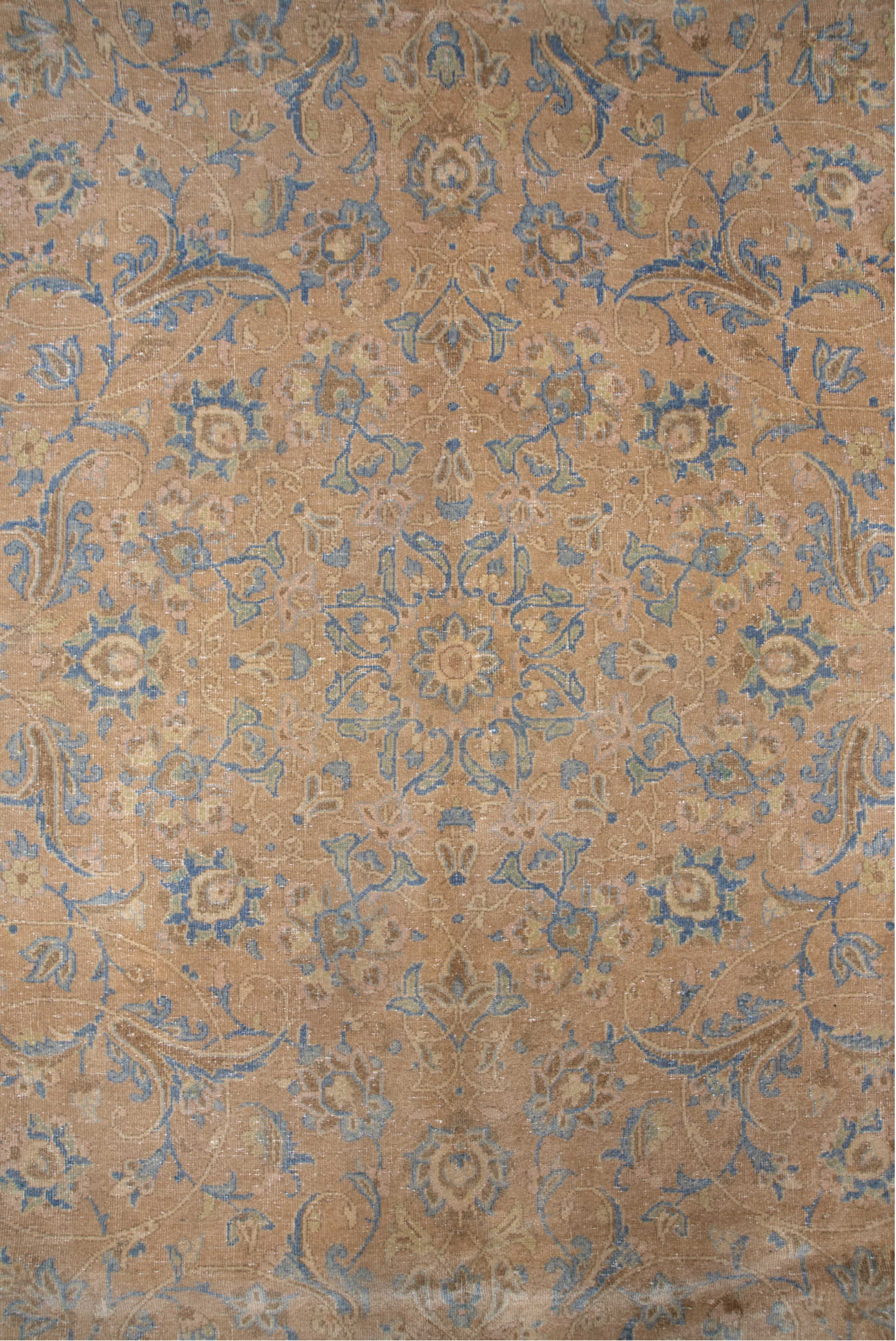 9' x 12' one-of-a-kind handmade antique Kashan large size rug. Color palette: beige, pale blue, ivory, taupe, camel