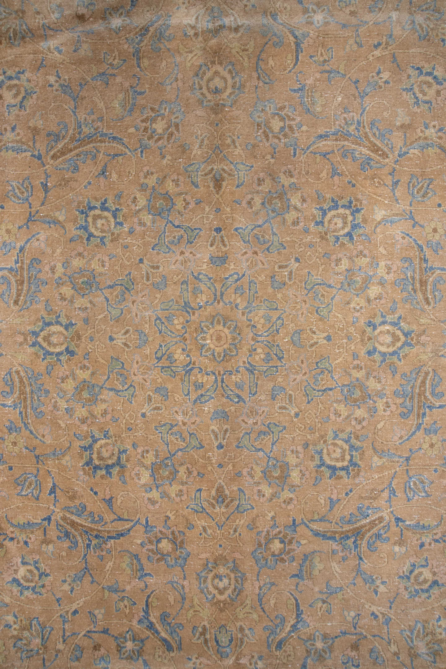 9' x 12' one-of-a-kind handmade antique Kashan large size rug. Color palette: beige, pale blue, ivory, taupe, camel