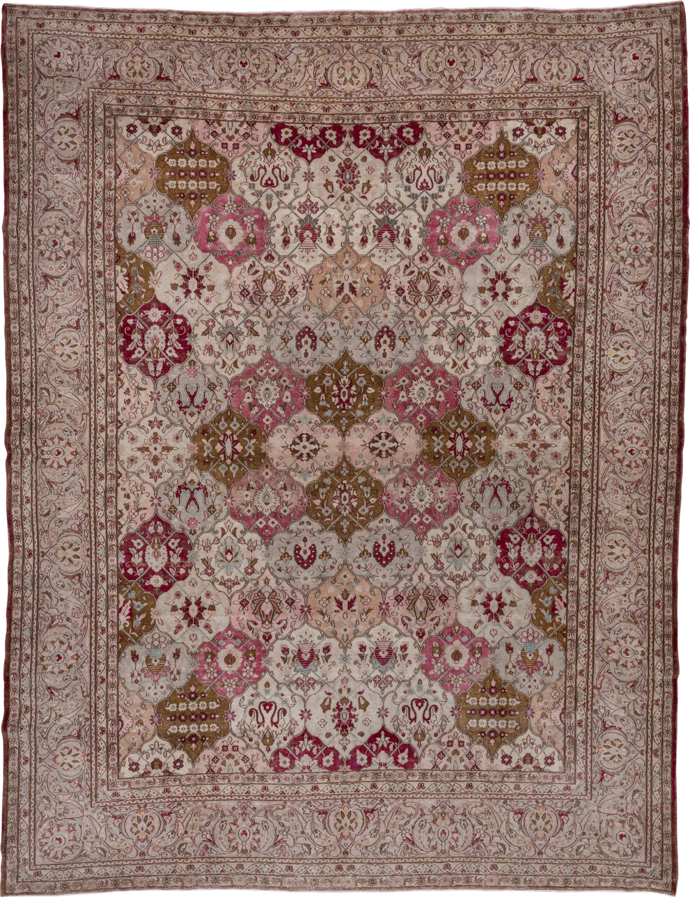10' x 12' one-of-a-kind handmade antique Kerman large size rug. Color palette: ivory, rose, burgundy, taupe, camel, blush