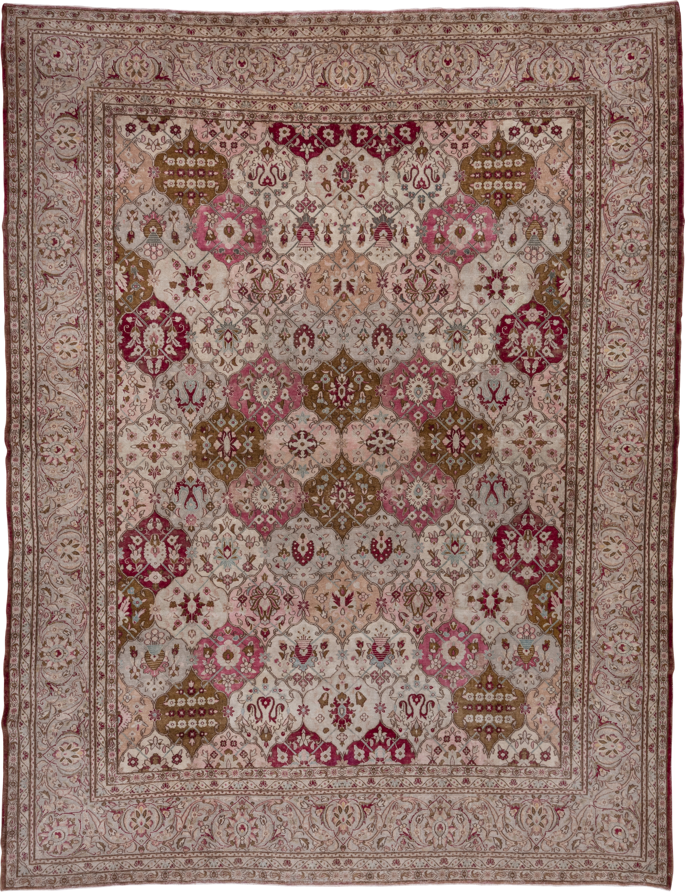 10' x 12' one-of-a-kind handmade antique Kerman large size rug. Color palette: ivory, rose, burgundy, taupe, camel, blush