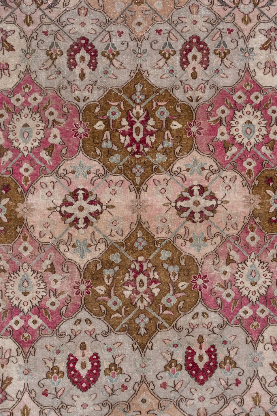 10' x 12' one-of-a-kind handmade antique Kerman large size rug. Color palette: ivory, rose, burgundy, taupe, camel, blush