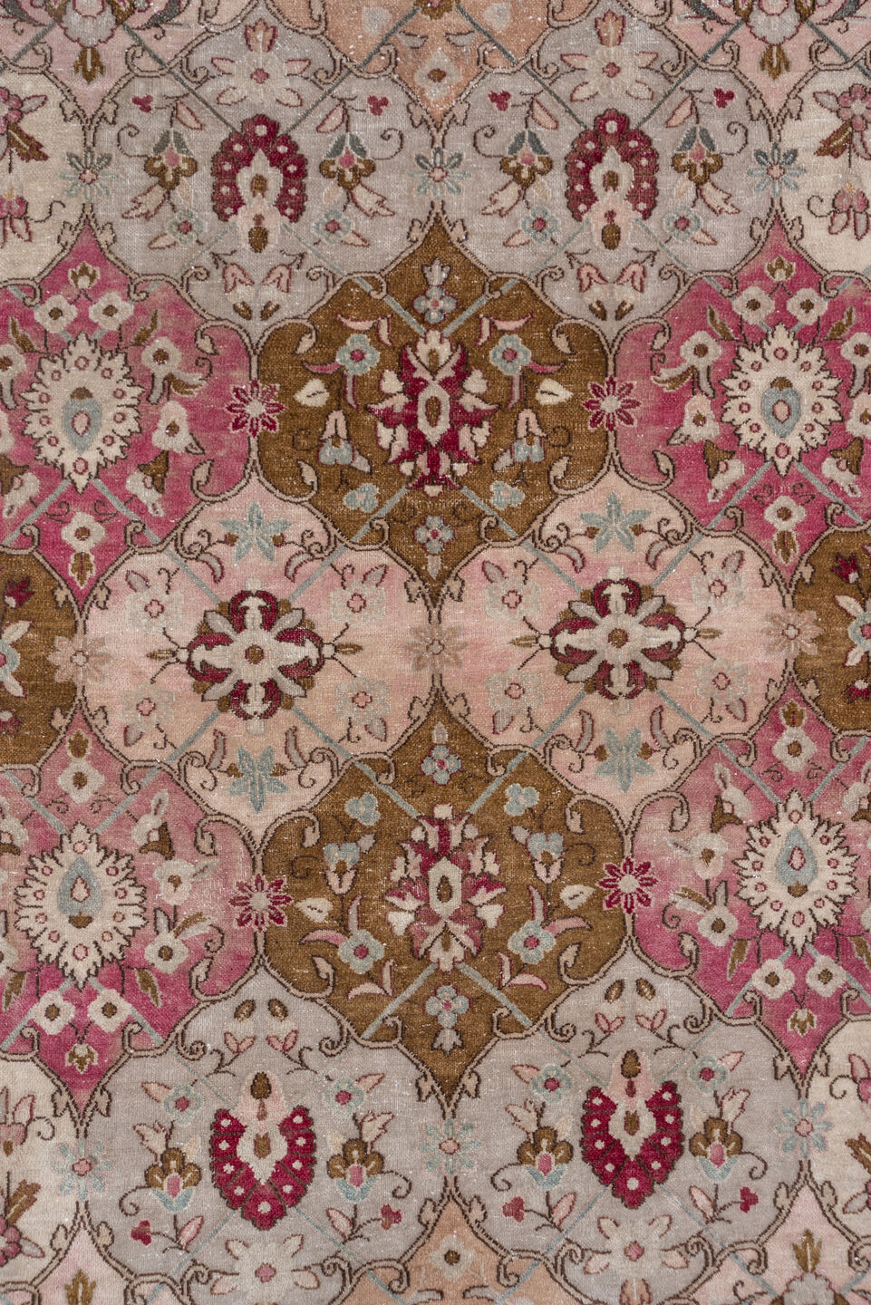 10' x 12' one-of-a-kind handmade antique Kerman large size rug. Color palette: ivory, rose, burgundy, taupe, camel, blush