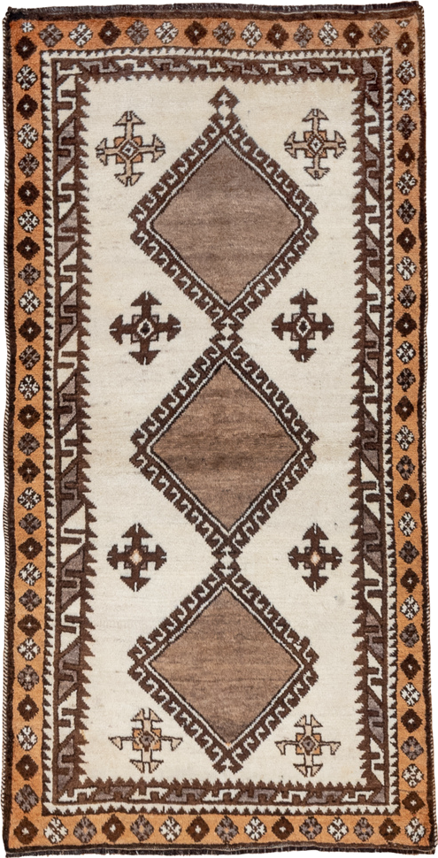 3' x 6' one-of-a-kind handmade antique Gabbe runner rug. Color palette: ivory, brown, camel, taupe, charcoal, beige, gray
