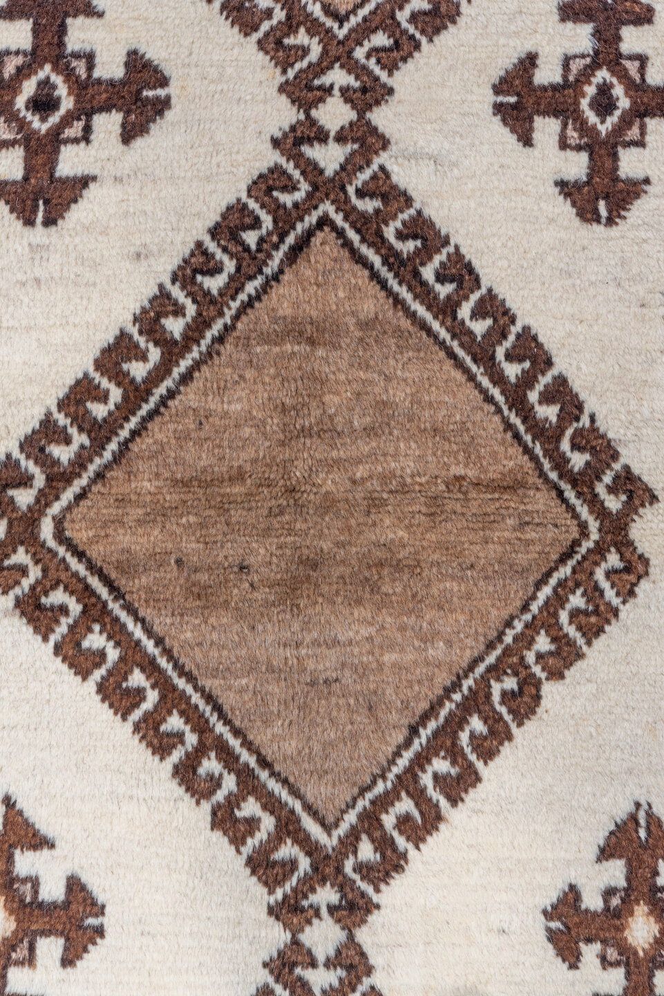 3' x 6' one-of-a-kind handmade antique Gabbe runner rug. Color palette: ivory, brown, camel, taupe, charcoal, beige, gray