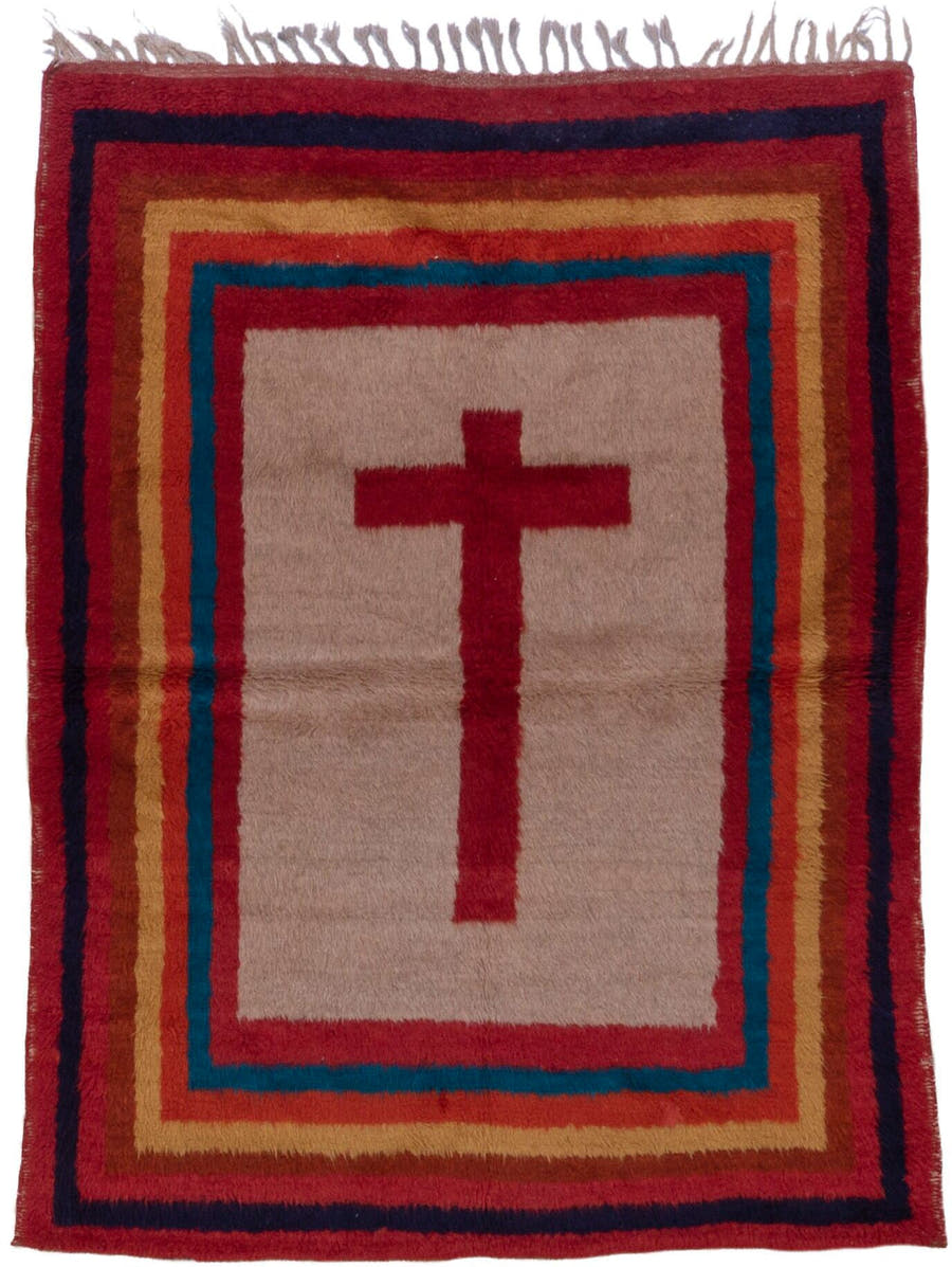 4' x 6' one-of-a-kind handmade vintage Gabbe rug. Color palette: taupe, crimson, indigo, gold, teal, rust, mahogany, beige