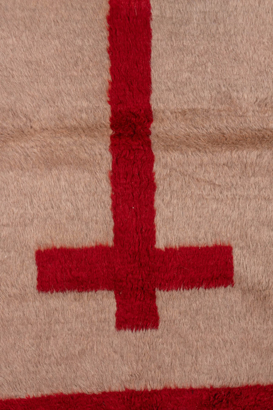 4' x 6' one-of-a-kind handmade vintage Gabbe rug. Color palette: taupe, crimson, indigo, gold, teal, rust, mahogany, beige