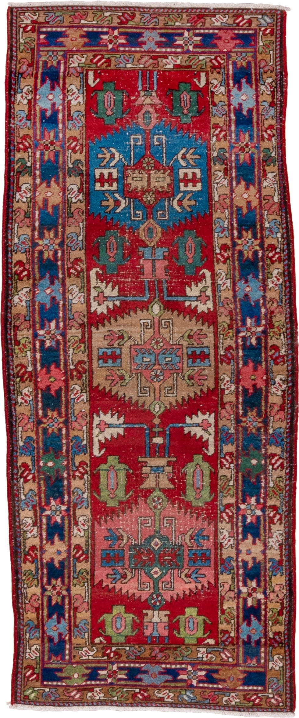 3' x 7' one-of-a-kind handmade vintage Heriz runner rug. Color palette: red, navy, camel, ivory, sky_blue, rose, olive, blue