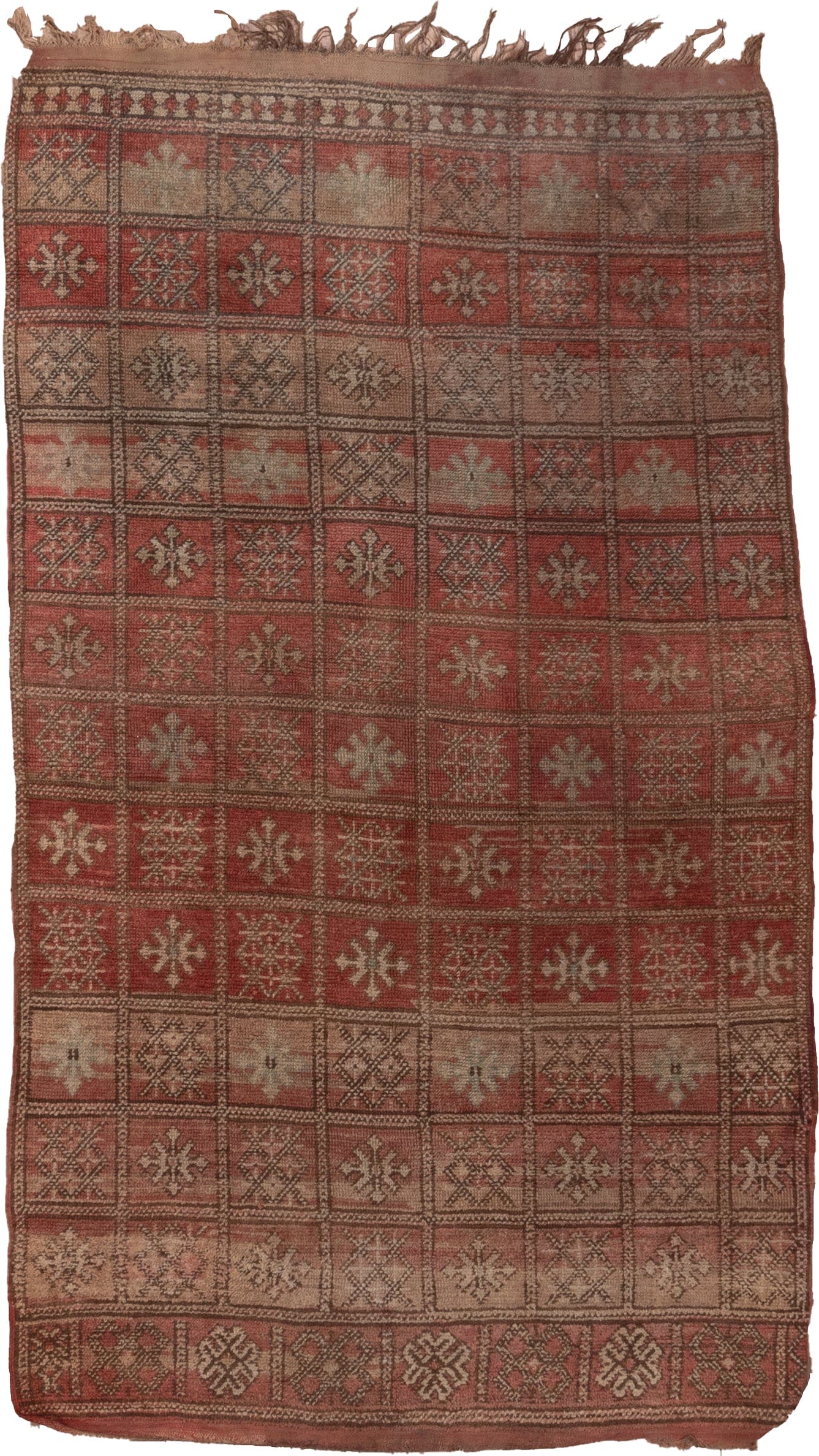 4' x 7' one-of-a-kind handmade vintage Moroccan rug. Color palette: terra cotta, camel, taupe, rust, brown, ivory