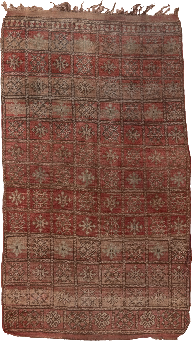 4' x 7' one-of-a-kind handmade vintage Moroccan rug. Color palette: brown, gray, off-white, pink, red, redwood, snow, white