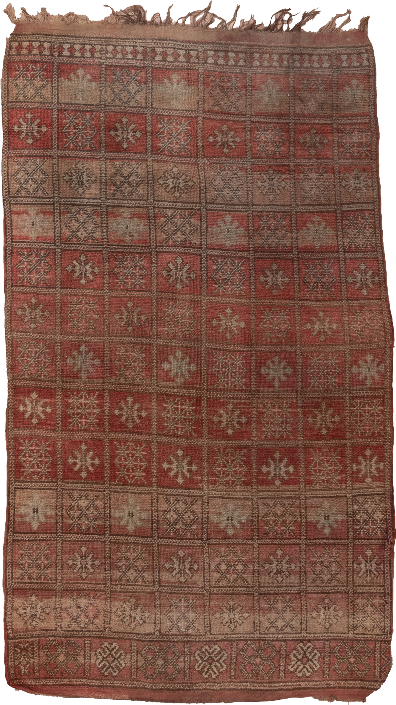 4' x 7' one-of-a-kind handmade vintage Moroccan rug. Color palette: terra cotta, camel, taupe, rust, brown, ivory