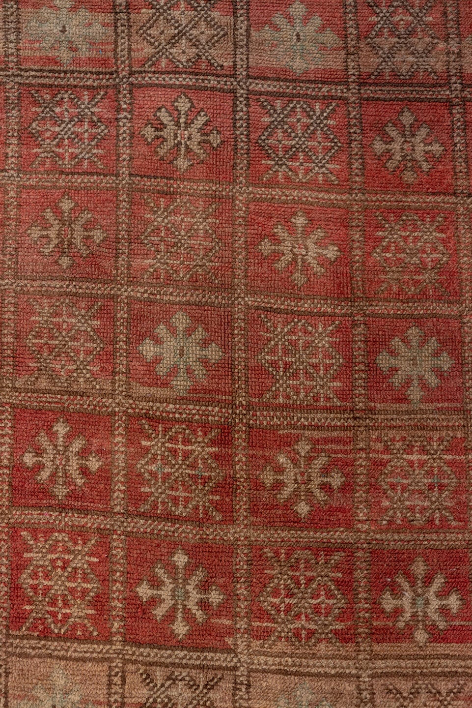 4' x 7' one-of-a-kind handmade vintage Moroccan rug. Color palette: terra cotta, camel, taupe, rust, brown, ivory