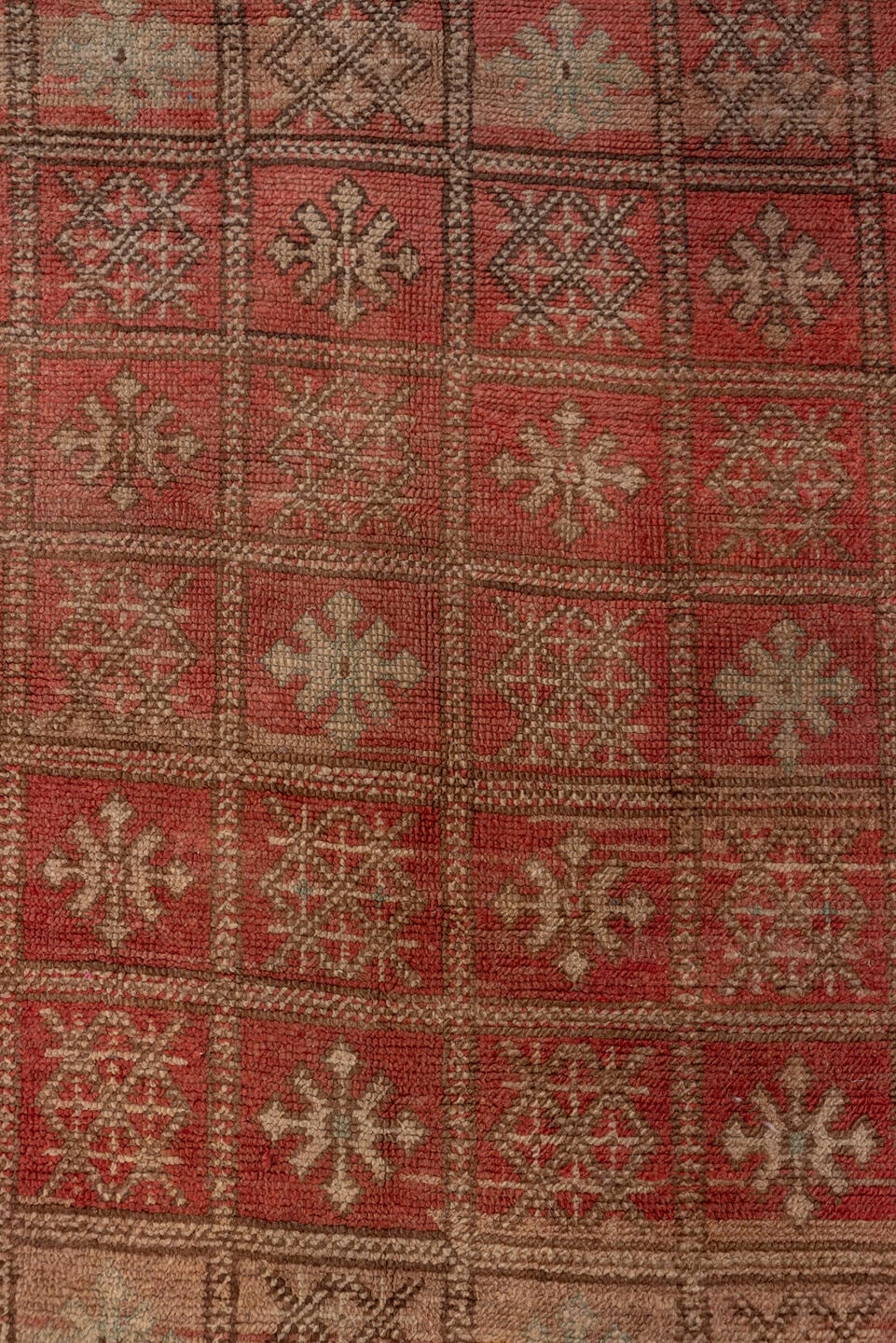 4' x 7' one-of-a-kind handmade vintage Moroccan rug. Color palette: terra cotta, camel, taupe, rust, brown, ivory
