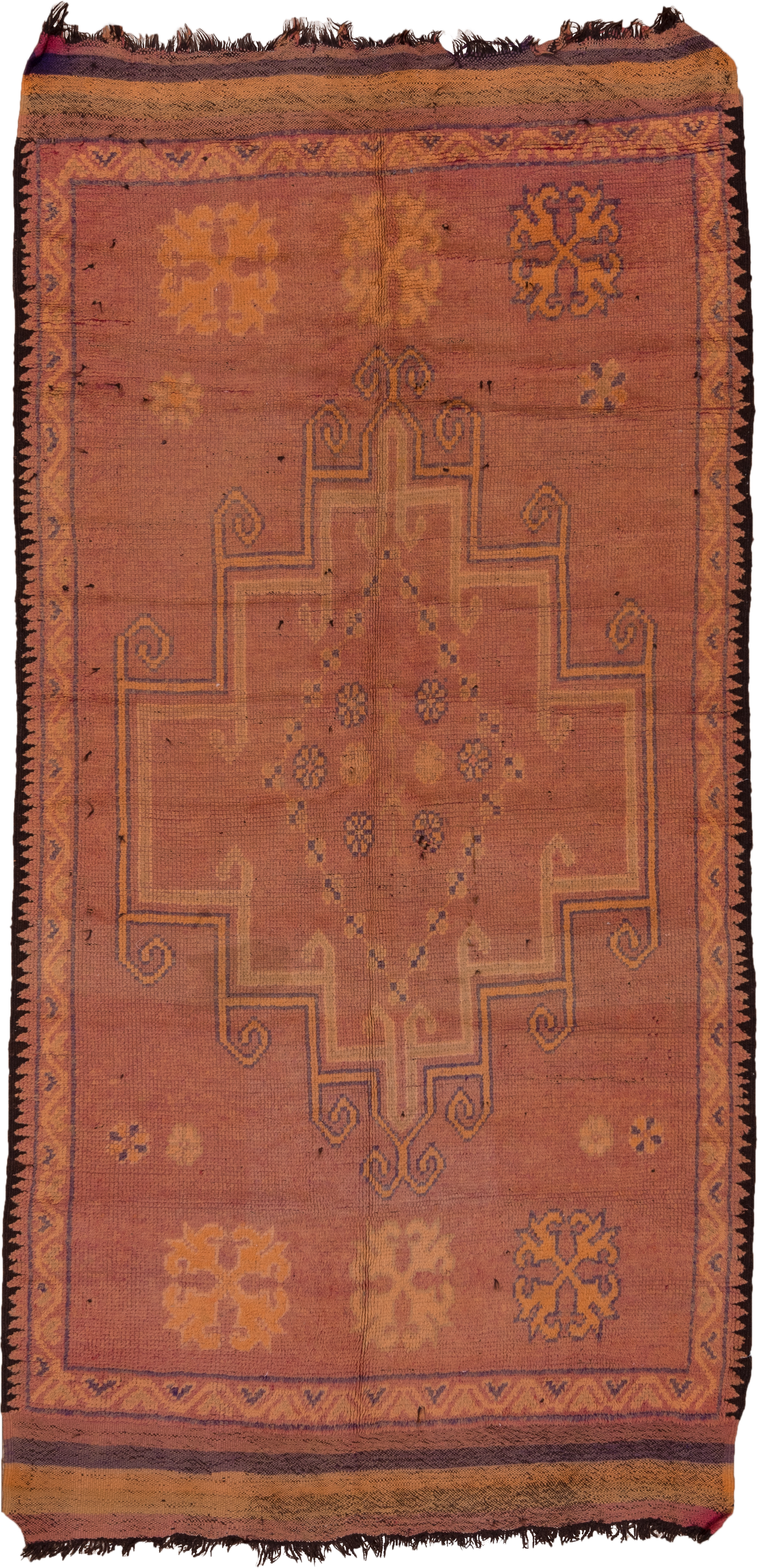 5' x 10' one-of-a-kind handmade vintage Moroccan medium size rug. Color palette: terra cotta, rust, brown, gold, ivory