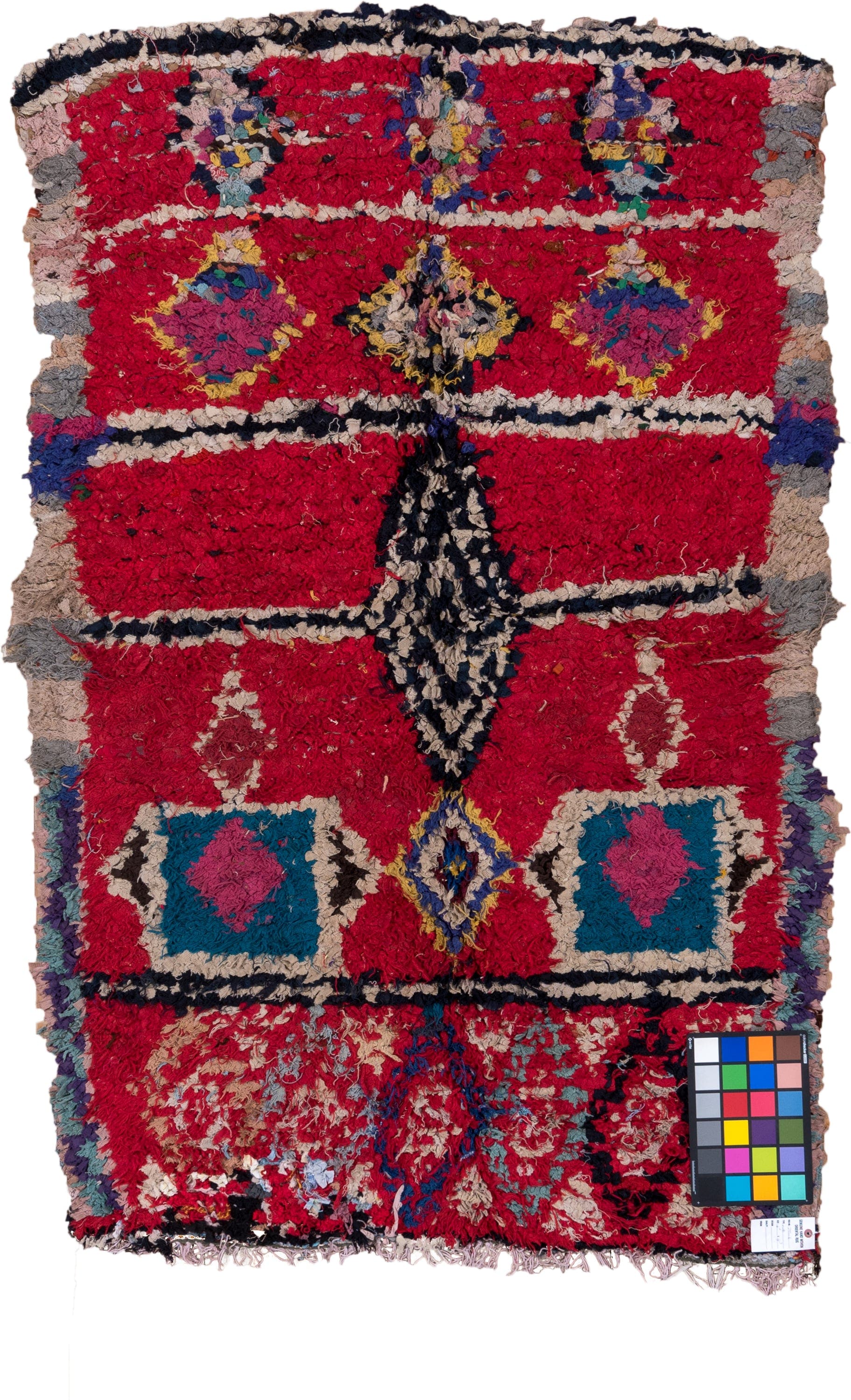4' x 6' one-of-a-kind handmade vintage Moroccan small size rug. Color palette: crimson, ivory, charcoal, teal, pink, gray