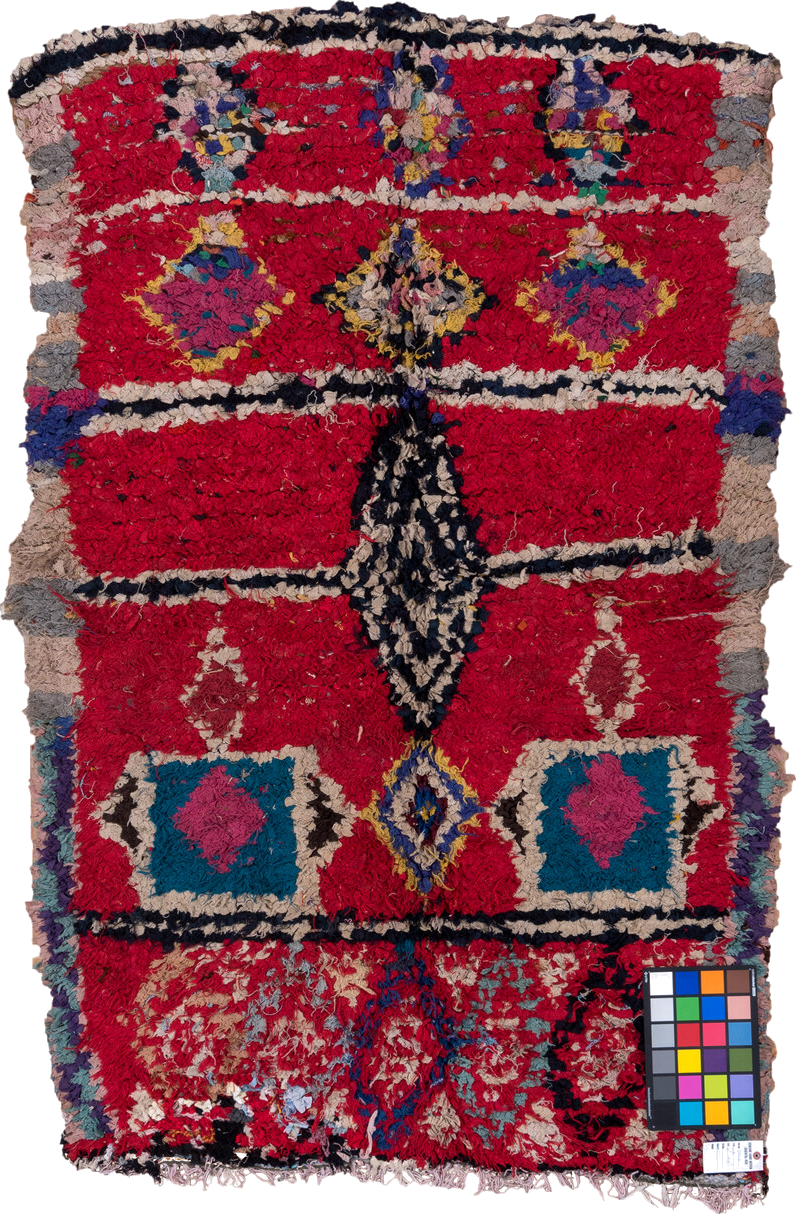 4' x 6' one-of-a-kind handmade vintage Moroccan small size rug. Color palette: blue, brown, dim gray, gray, green