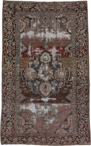 4' x 6' one-of-a-kind handmade antique Caucasian small size rug. Color palette: brown, rose, taupe, ivory, slate, burgundy