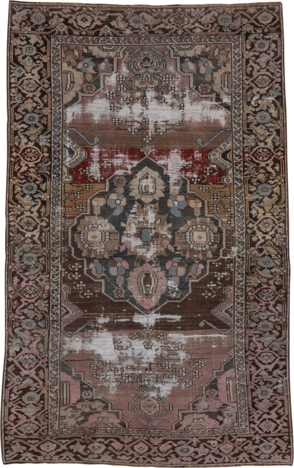 4' x 6' one-of-a-kind handmade antique Caucasian small size rug. Color palette: brown, rose, taupe, ivory, slate, burgundy