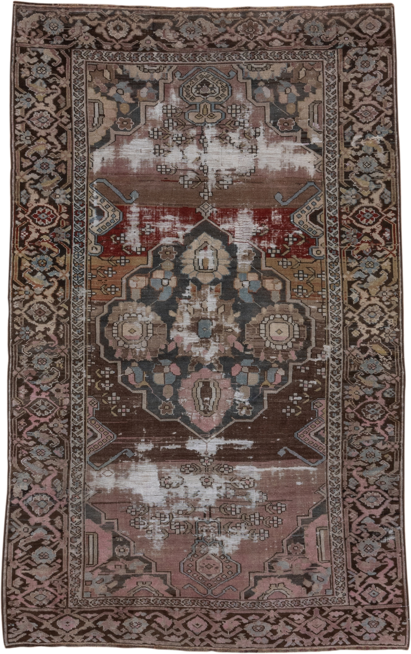 4' x 6' one-of-a-kind handmade antique Caucasian small size rug. Color palette: brown, rose, taupe, ivory, slate, burgundy