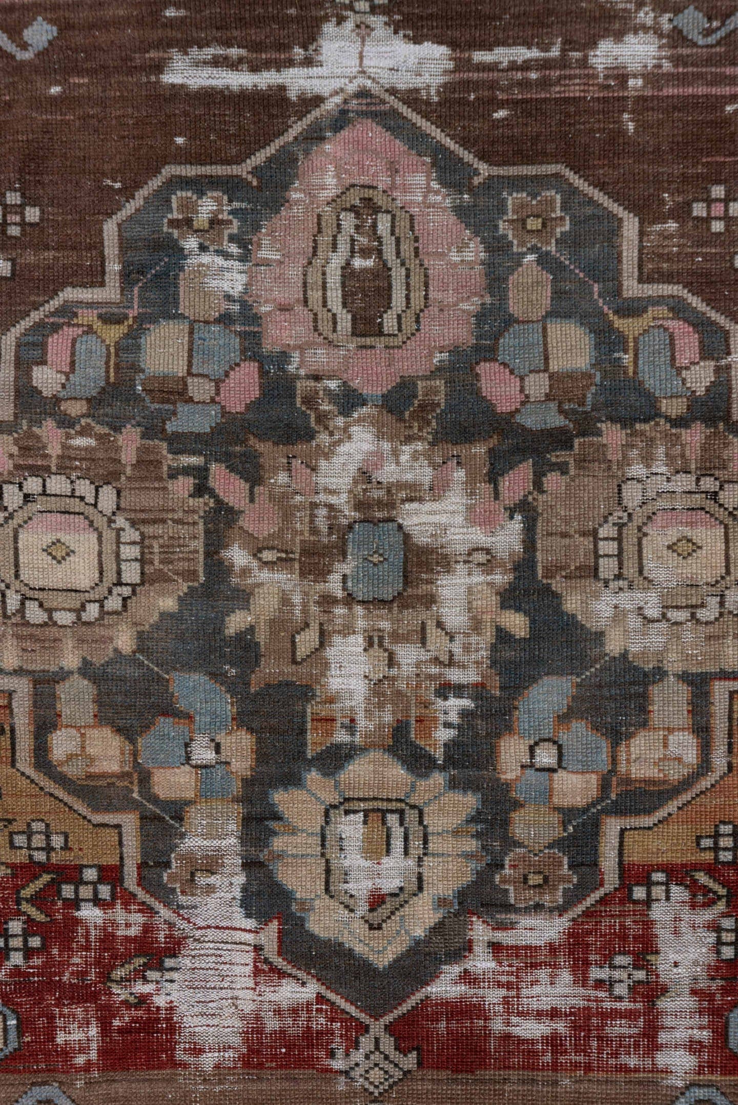 4' x 6' one-of-a-kind handmade antique Caucasian small size rug. Color palette: brown, rose, taupe, ivory, slate, burgundy