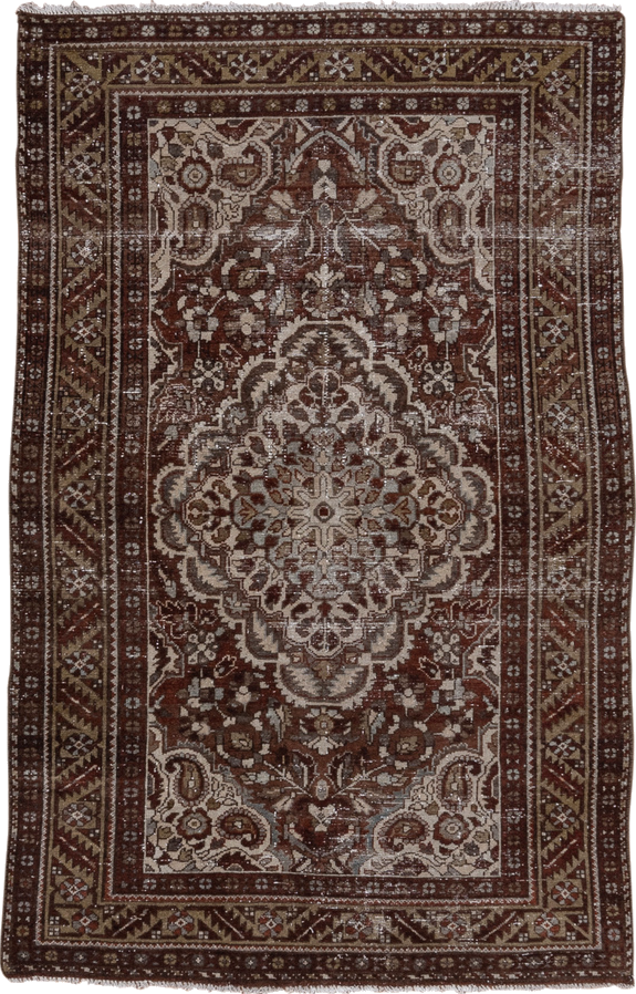 4' x 6' one-of-a-kind handmade vintage Baktiary small size rug. Color palette: brown, dim gray, gray, light gray, pink