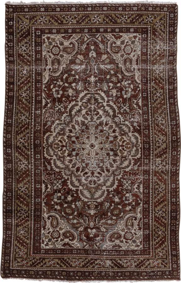 4' x 6' one-of-a-kind handmade antique Baktiary small size rug. Color palette: rust, ivory, brown, taupe, camel, charcoal